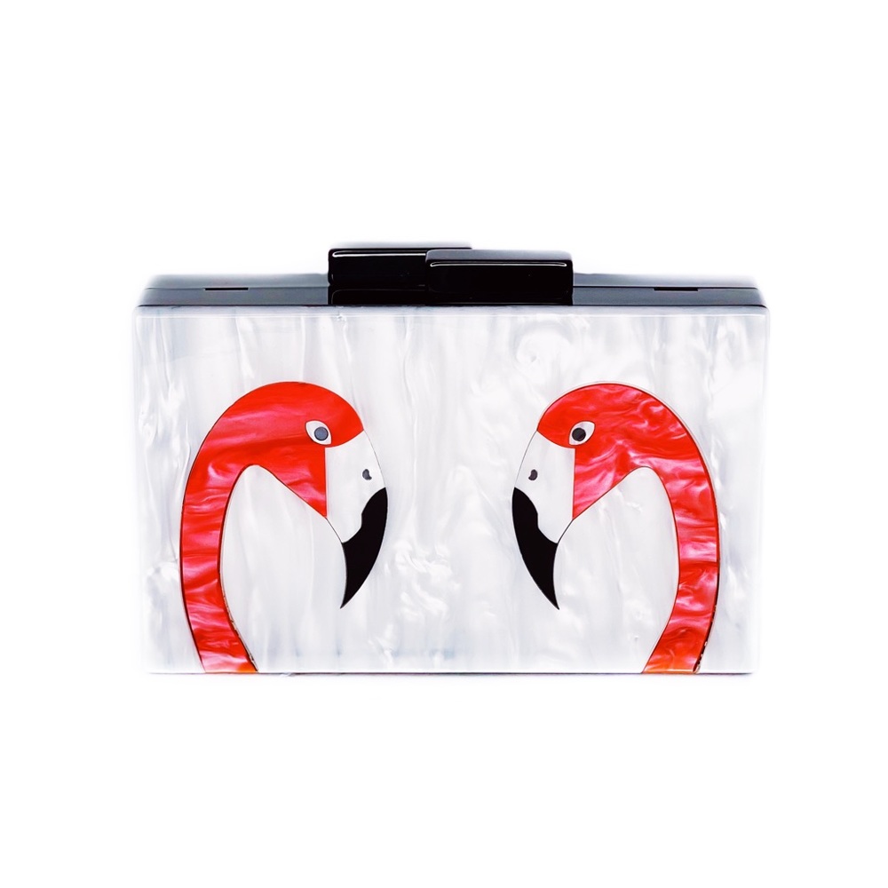 Black & White Pink Flamingo Bird Acrylic Box Purse Clutch Bag Gold Chain Bag